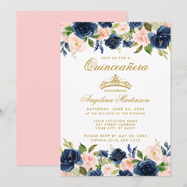 Quinceanera Pink Blue Floral Gold Crown Invitation (Front/Back)