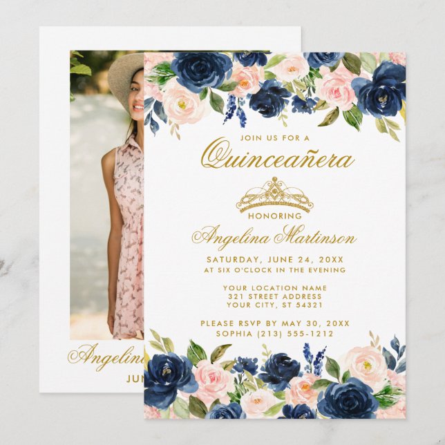 Quinceanera Pink Blue Floral Gold Crown Photo Invitation (Front/Back)