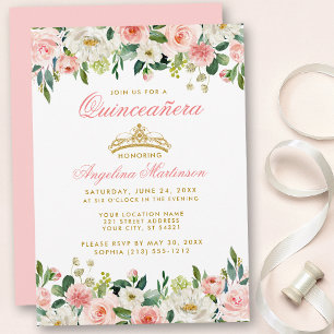 Quinceanera Pink Blush Floral Gold Crown Invite