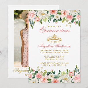 Quinceanera Pink Blush Floral Gold Crown Photo Invitation