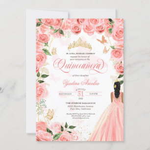 Quinceanera Pink Blush Roses Elegant Butterfly Inv Invitation