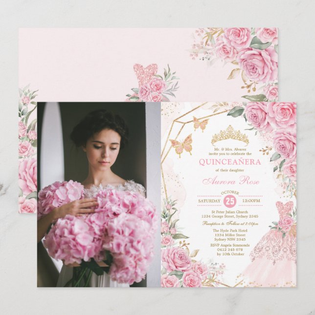 Quinceañera Pink Blush Roses Princess Mis Quince Invitation (Front/Back)