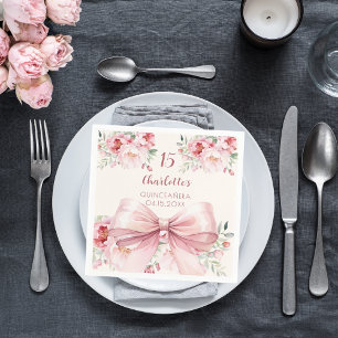 Quinceanera pink bow cream florals roses napkin