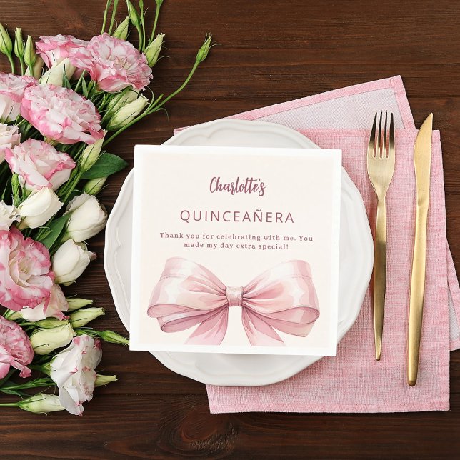 Quinceanera pink bow cream thank you napkin (Creator Uploaded)