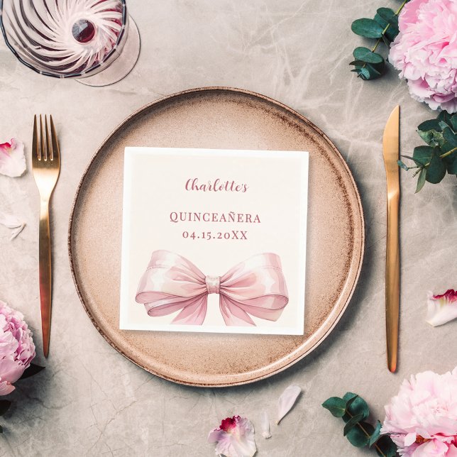 Quinceanera pink bow ivory luncheon napkin (Creator Uploaded)