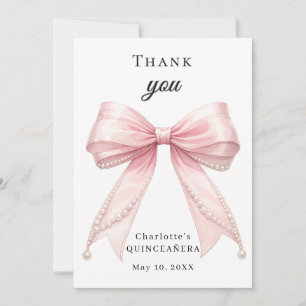 Quinceanera pink bow pearls elegant thank you card