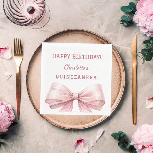 Quinceanera pink bow white luncheon napkin