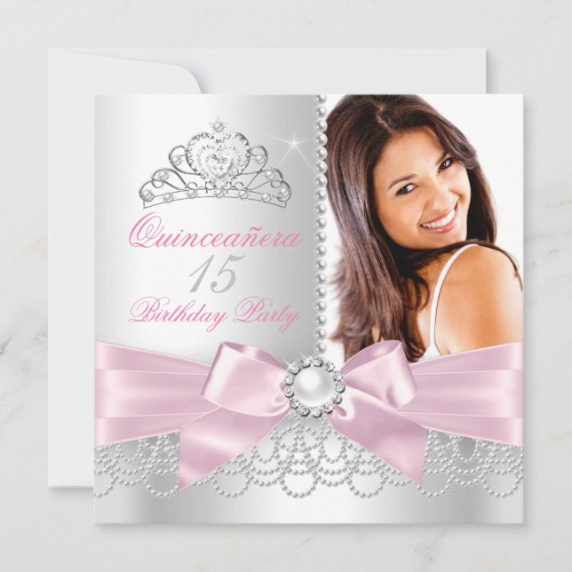 Quinceanera Pink Bow white Pearls Photo Birthday Invitation (Front)