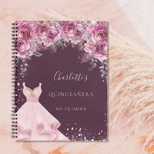 Quinceanera pink bugundy floral dress guest book