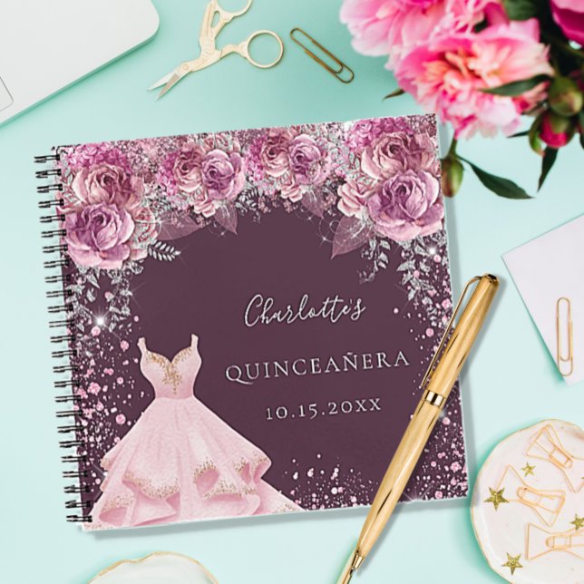 Quinceanera pink bugundy floral dress guest book (Creator Uploaded)