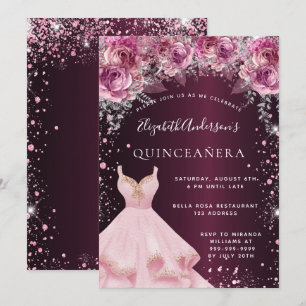 Quinceanera pink burgundy glitter dress floral invitation