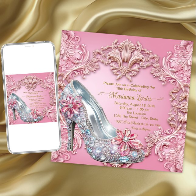 Quinceañera Pink Diamond High Heel Shoe Invitation (Quiceanera and any event invitation. Instant download and printed invitations available.)