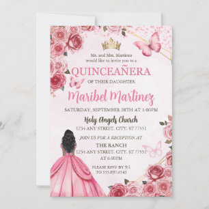 Quinceanera Pink Dress Floral Butterfly Invitation