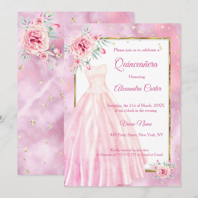 Quinceanera Pink Dress Floral gold Birthday Party Invitation (Front/Back)
