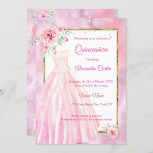 Quinceanera Pink Dress Floral gold Birthday Party Invitation