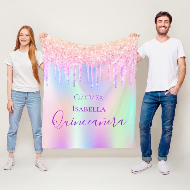 Quinceanera pink drips holographic fleece blanket (In Situ)