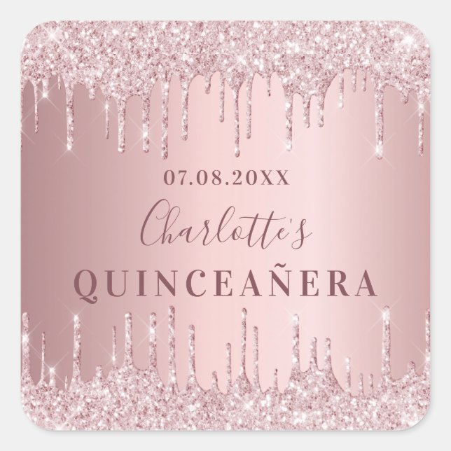 Quinceanera pink dusty rose glitter monogram square sticker (Front)