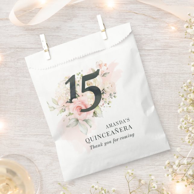 Quinceanera Pink Floral 15th Birthday Blush Rustic Favour Bags (Clipped)