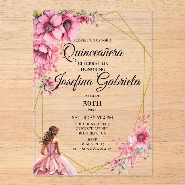 Quinceanera pink floral acrylic invitations (Front)
