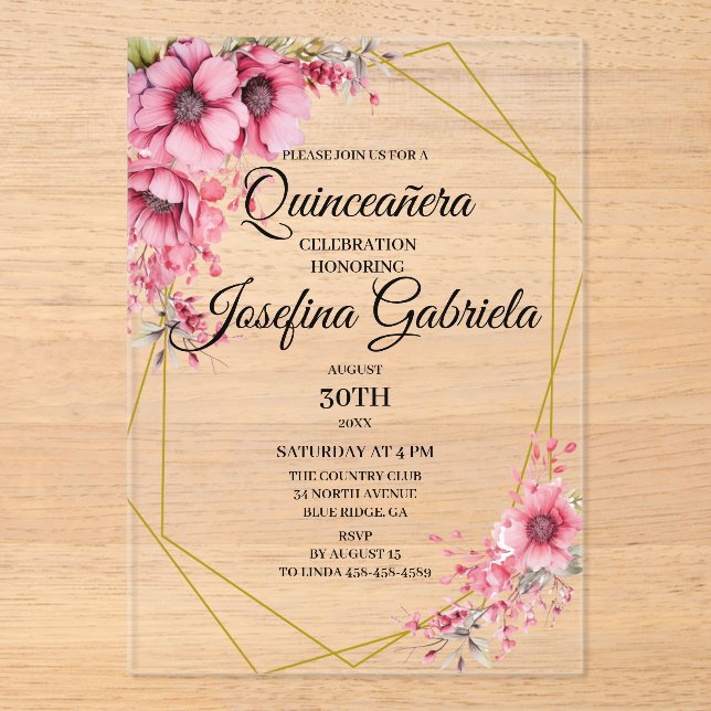 Quinceanera pink floral acrylic invitations (Front)