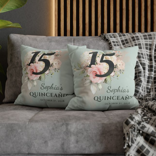 Quinceanera Pink Floral Bloom 15th Birthday Cushion (Floral Quinceanera 15th Birthday Party Decoration Throw Pillow)