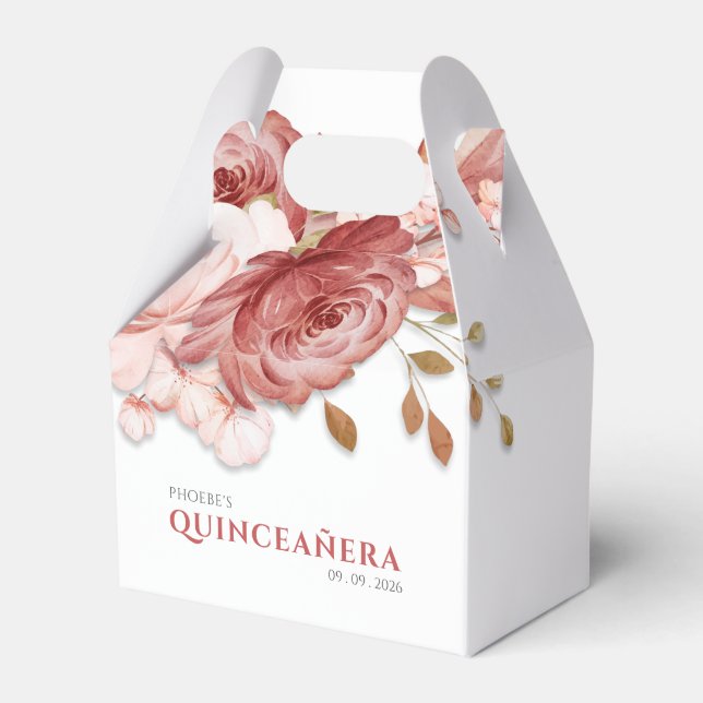 Quinceanera Pink Floral Botanical 15th Birthday Favour Box (Front Side)