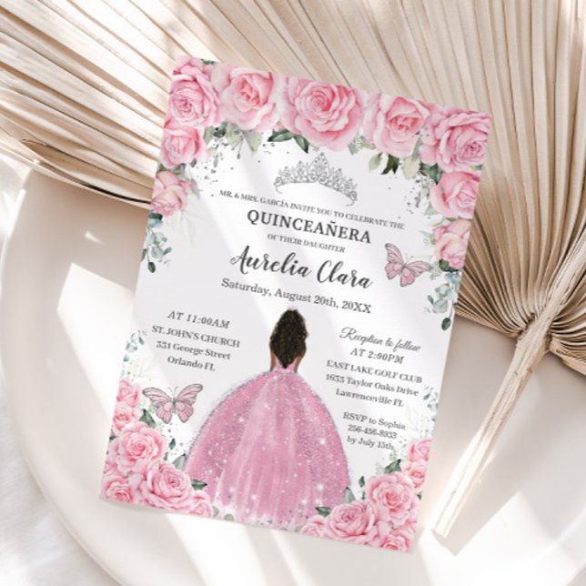 Quinceañera Pink Floral Butterflies Brown Princess Invitation (Creator Uploaded)