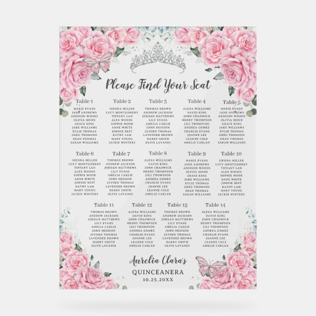 Quinceanera Pink Floral Butterflies Seating Chart (Front)