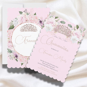 Quinceanera Pink Floral Chic Tiara Modern Invitation