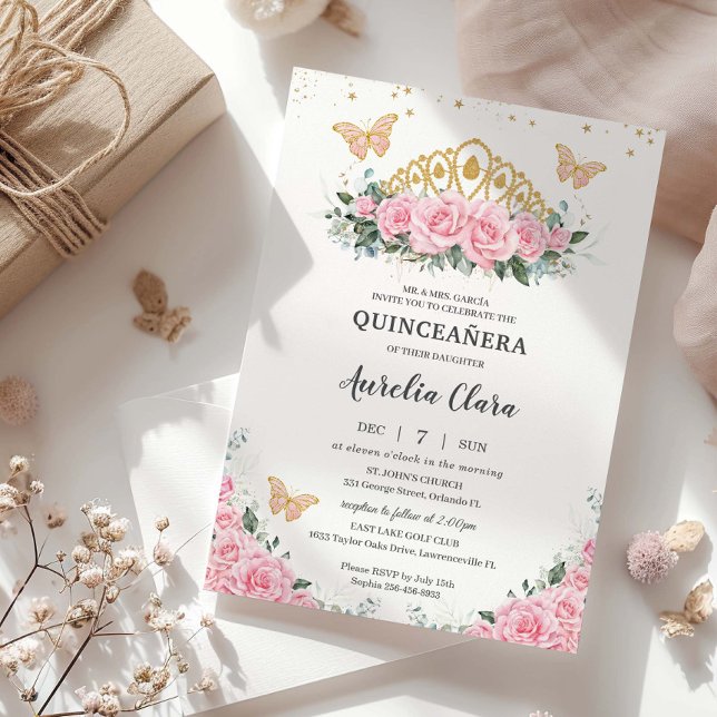 Quinceanera Pink Floral Gold Crown Butterflies Invitation (Creator Uploaded)