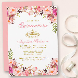 Quinceanera Pink Floral Gold Crown Invitation