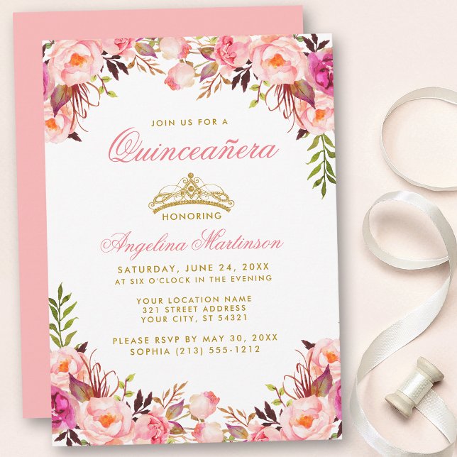 Quinceanera Pink Floral Gold Crown Invitation (Customize to change text color, style, add text & photos to back or change color of back of card.)