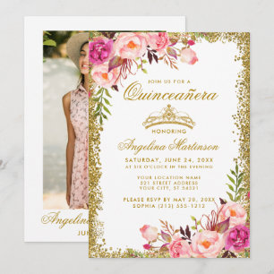 Quinceanera Pink Floral Gold Glitter Crown Photo Invitation