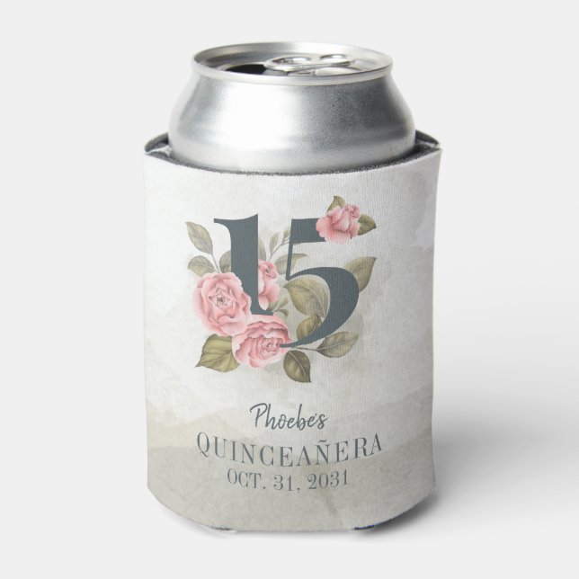 Quinceanera Pink Floral Greenery 15th Birthday Can Cooler (Can Front)