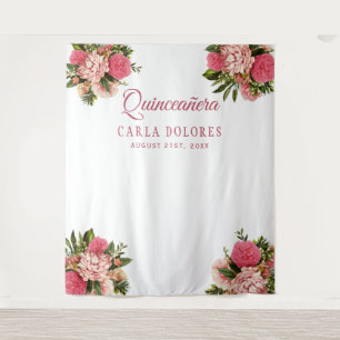 Quinceañera pink floral photo booth backdrop tapestry