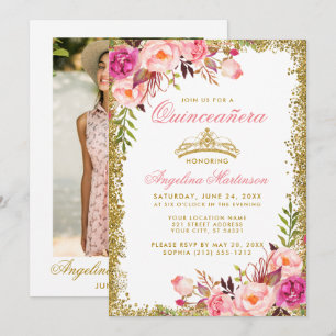 Quinceanera Pink Floral Photo Gold Glitter Crown Invitation