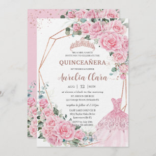 Quinceanera Pink Floral Princess Dress Rose Gold Invitation
