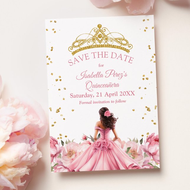 Quinceanera Pink Floral Princess Save the Date  Invitation (Quinceanera Pink Floral Princess Save the Date Invitation on a table with light pink peonies.)