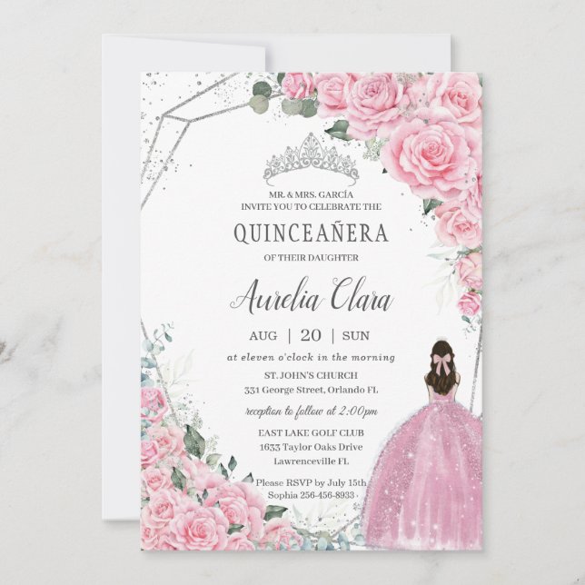 Quinceañera Pink Floral Princess Silver Birthday Invitation (Front)