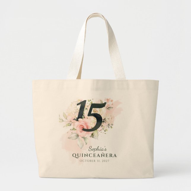 Quinceanera Pink Floral Rustic 15th Birthday Large Tote Bag (Front)