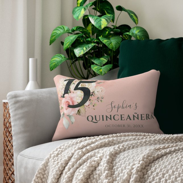 Quinceanera Pink Floral Rustic 15th Birthday Lumbar Cushion (Pink Floral 15th Birthday Quinceanera Party Decoration Lumber Pillow)