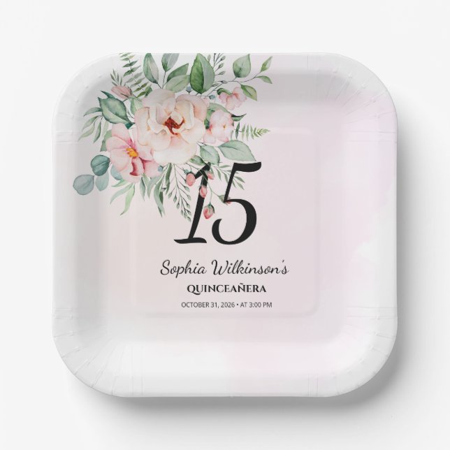 Quinceanera Pink Floral Rustic 15th Birthday Paper Plate (Front)