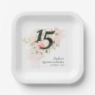 Quinceanera Pink Floral Rustic 15th Birthday Paper Plate