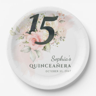 Quinceanera Pink Floral Rustic 15th Birthday Party Paper Plate