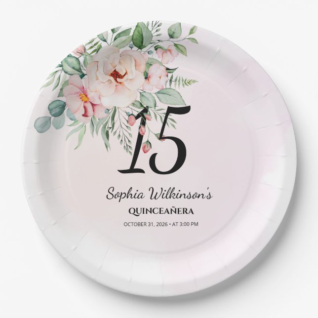 Quinceanera Pink Floral Rustic 15th Birthday Party Paper Plate (Front)