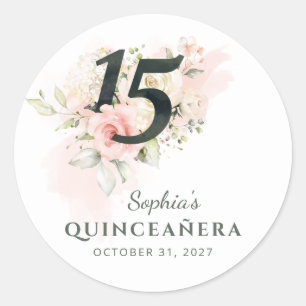 Quinceanera Pink Floral Rustic Blush 15th Birthday Classic Round Sticker