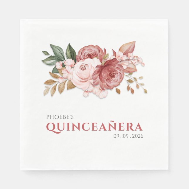 Quinceanera Pink Floral Rustic Botanical Napkin (Front)