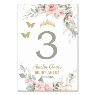 Quinceañera Pink Floral Sage Green Butterflies Table Number