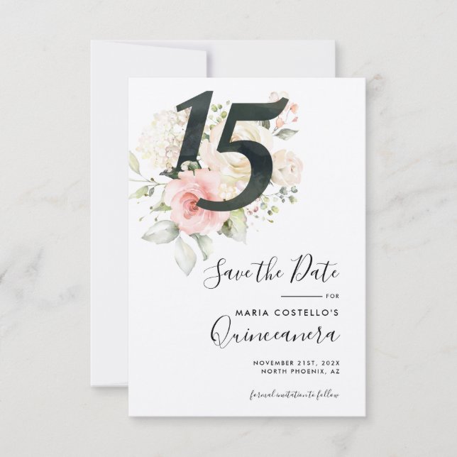 Quinceanera Pink Floral Save the Date Announcement (Front)