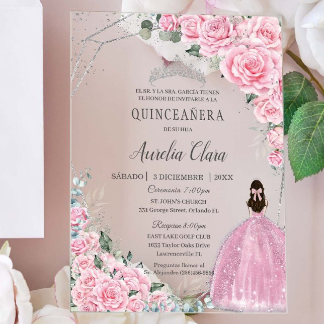 Quinceañera Pink Floral Silver 15 Birthday Spanish Acrylic Invitations (pink roses flowers princess spanish silver Quinceañera sweet 15 16 princess dress acrylic invitation)